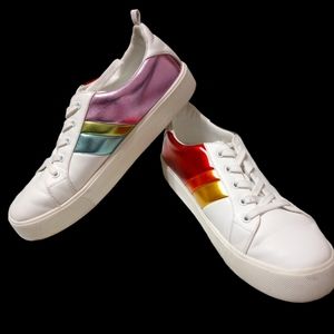 Vegan White platform sneakers with metallic rainbow stripes